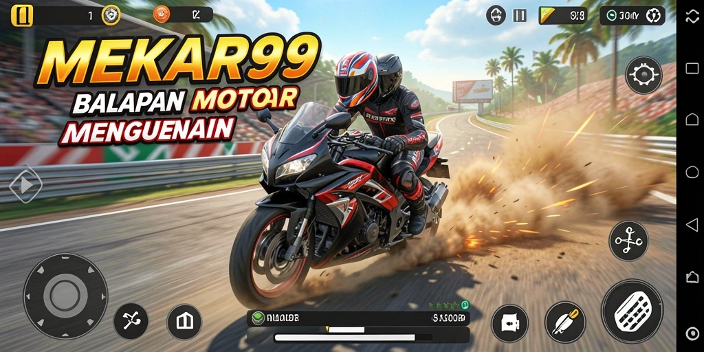 Screenshot utama MEKAR99 menampilkan aksi balapan motor yang mendebarkan.