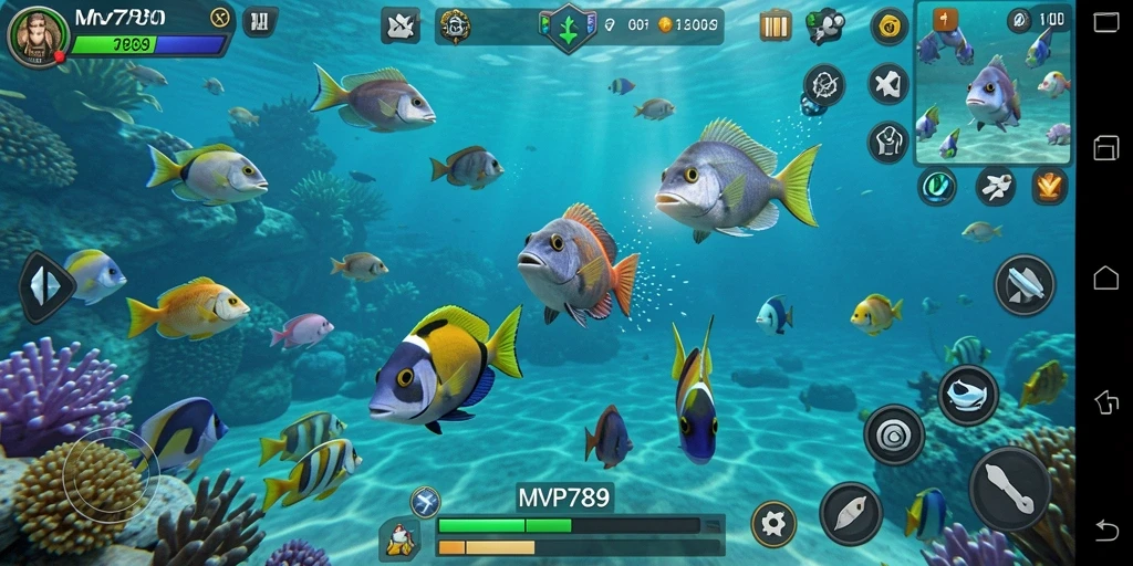 Screenshot MVP789 menampilkan aksi seru tembak ikan di lautan yang penuh warna.