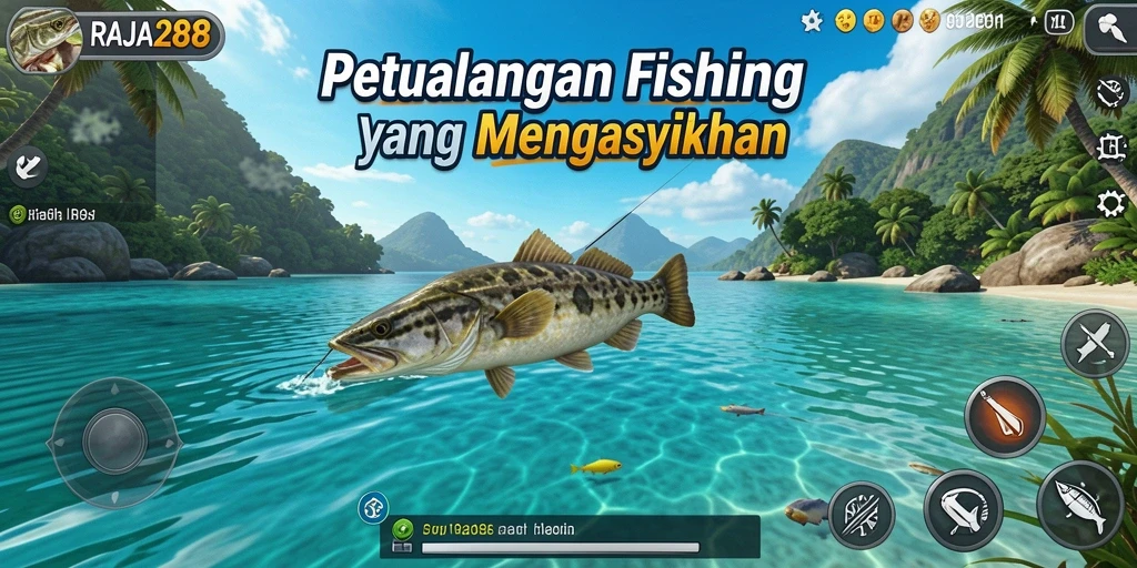Screenshot gameplay RAJA288 menampilkan serunya memancing di berbagai lokasi.